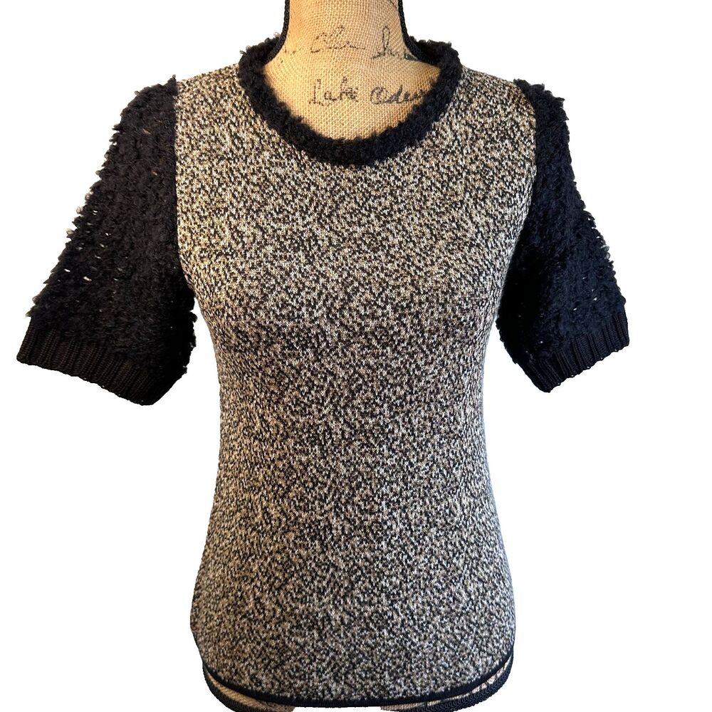 Didier Parakian Wool Mohair Knit  Black Beige Boucle Sleeve Sweater Top Sz S